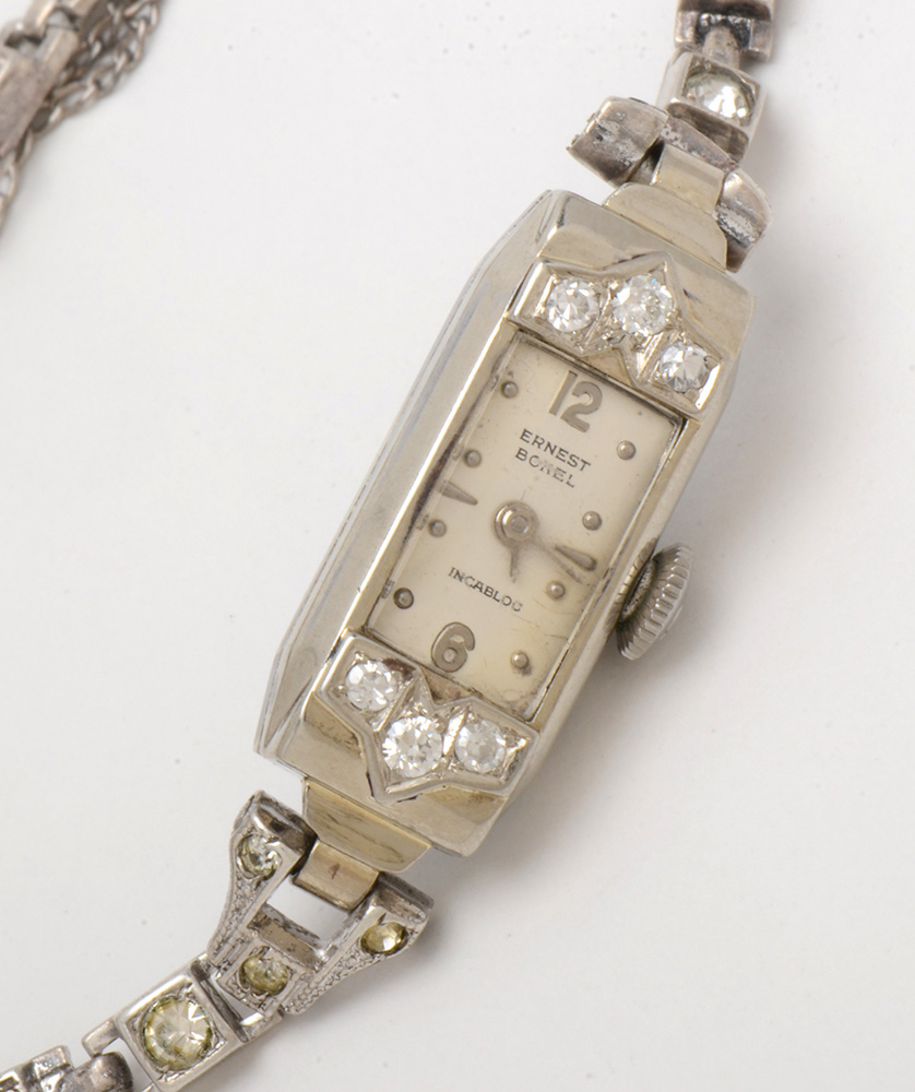 14K White Gold and Diamond Case Ernest Borel Incabloc Swiss Watch Sterling Band