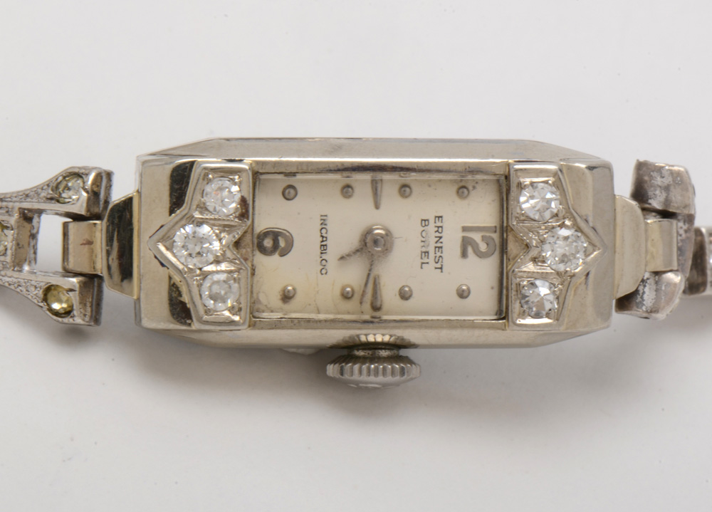 14K White Gold and Diamond Case Ernest Borel Incabloc Swiss Watch Sterling Band