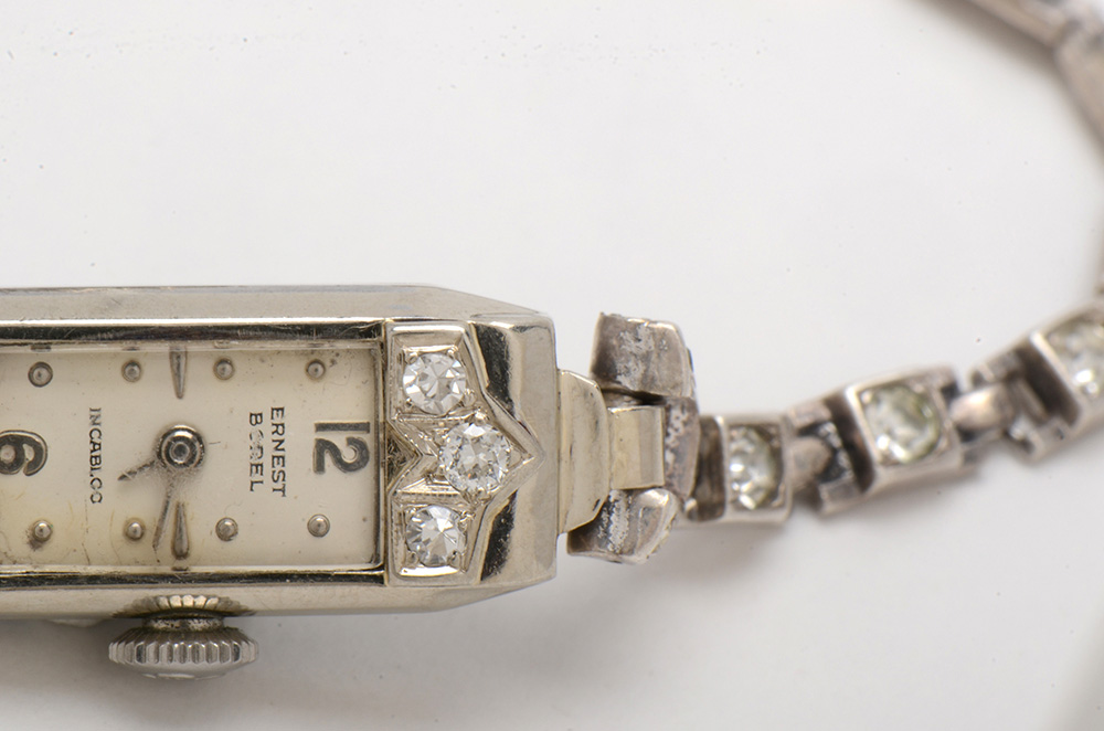 14K White Gold and Diamond Case Ernest Borel Incabloc Swiss Watch Sterling Band