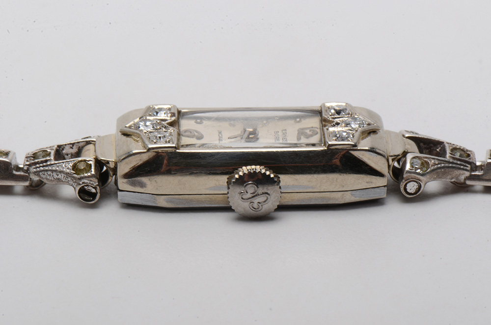 14K White Gold and Diamond Case Ernest Borel Incabloc Swiss Watch Sterling Band