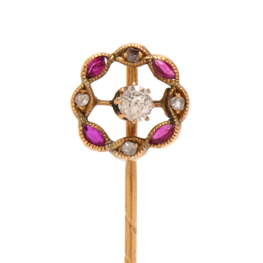 14K Yellow Gold Diamond and Synthetic Ruby Stick Pin