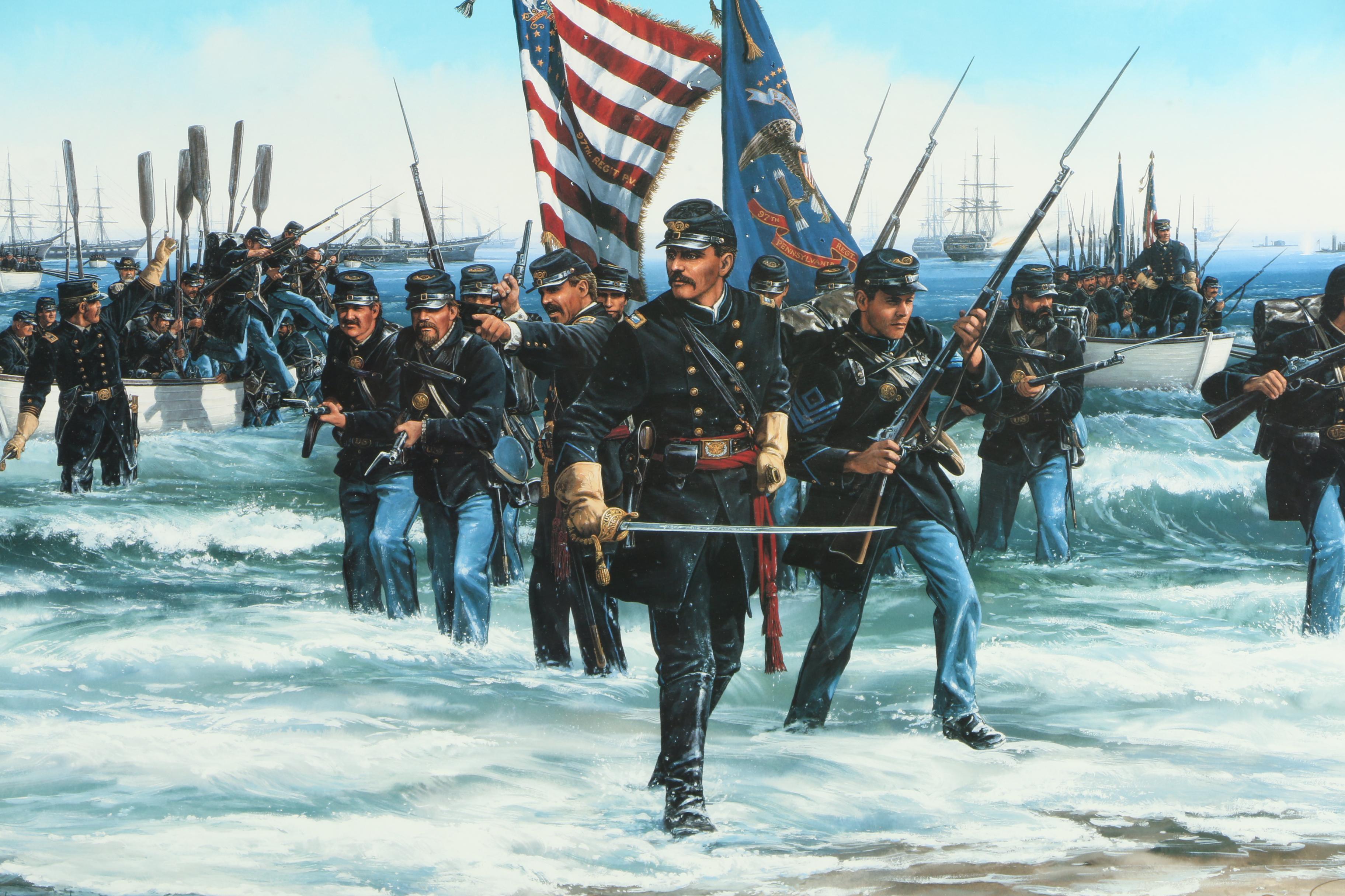 John Paul Strain Artist's Proof Offset Lithograph "Landing at Fort Fisher"