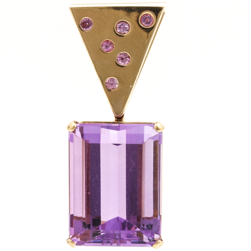 14K Yellow Gold 22.57 Carat Amethyst and Pink Sapphire Pendant