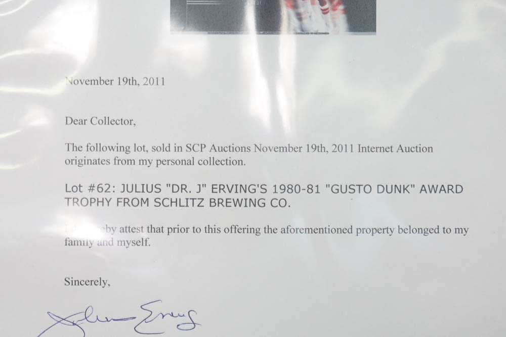 Julius "Dr. J" Erving's 1980-81 "Gusto Dunk" Award Trophy from Schlitz