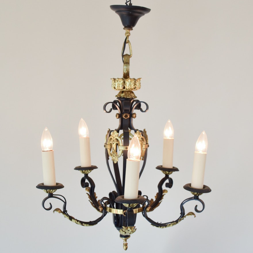 Wrought Iron Chandelier with Brass Accents