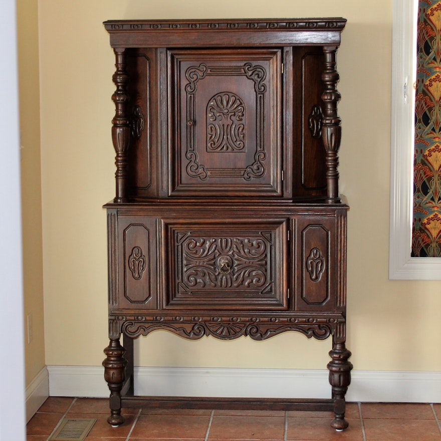 English Renaissance Revival Oak Hutch Cabinet
