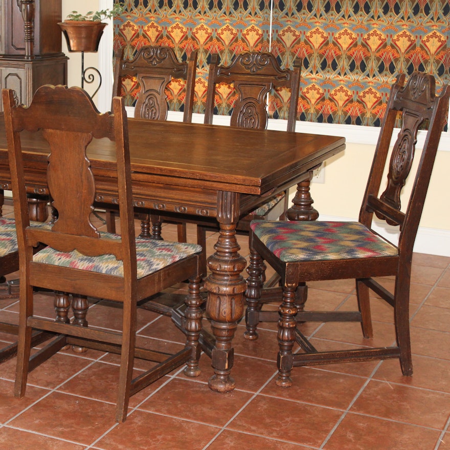 English Renaissance Revival Oak Table and Six Chairs