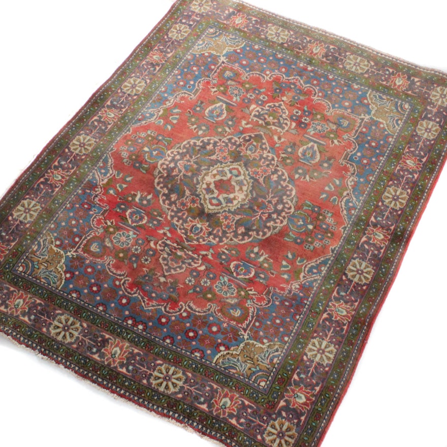 Vintage Hand-Knotted Persian Qom Wool Area Rug