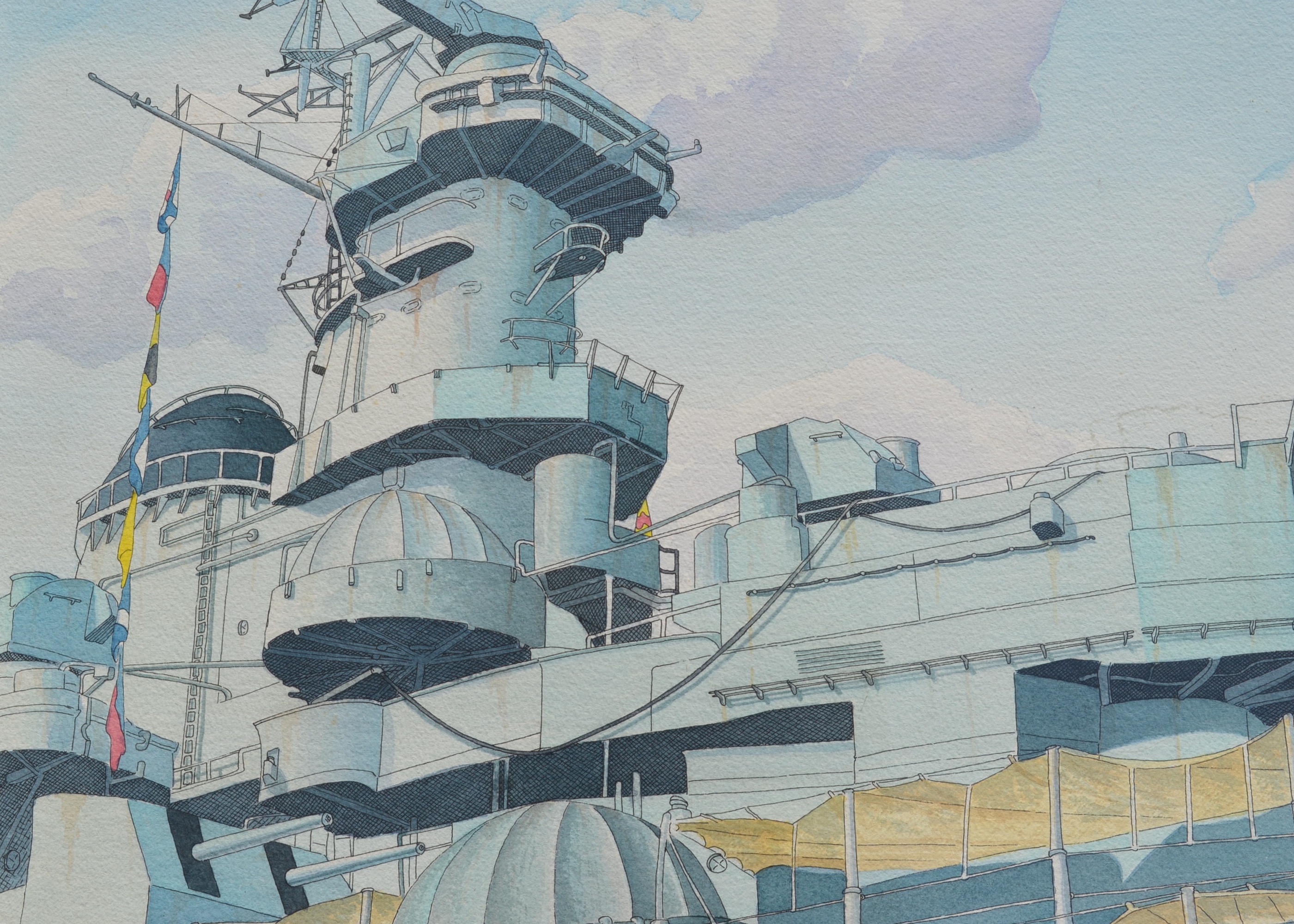 WWII-Era Watercolor of Battleship Carrier