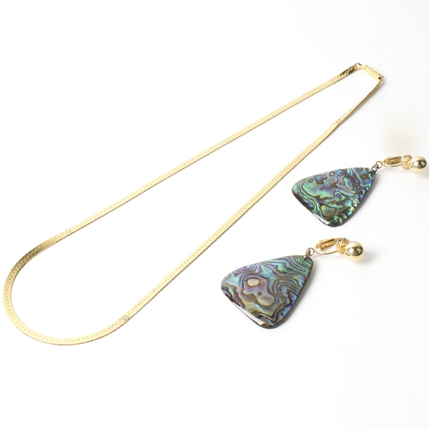 14K Yellow Gold Necklace and Earrings Collection with Abalone