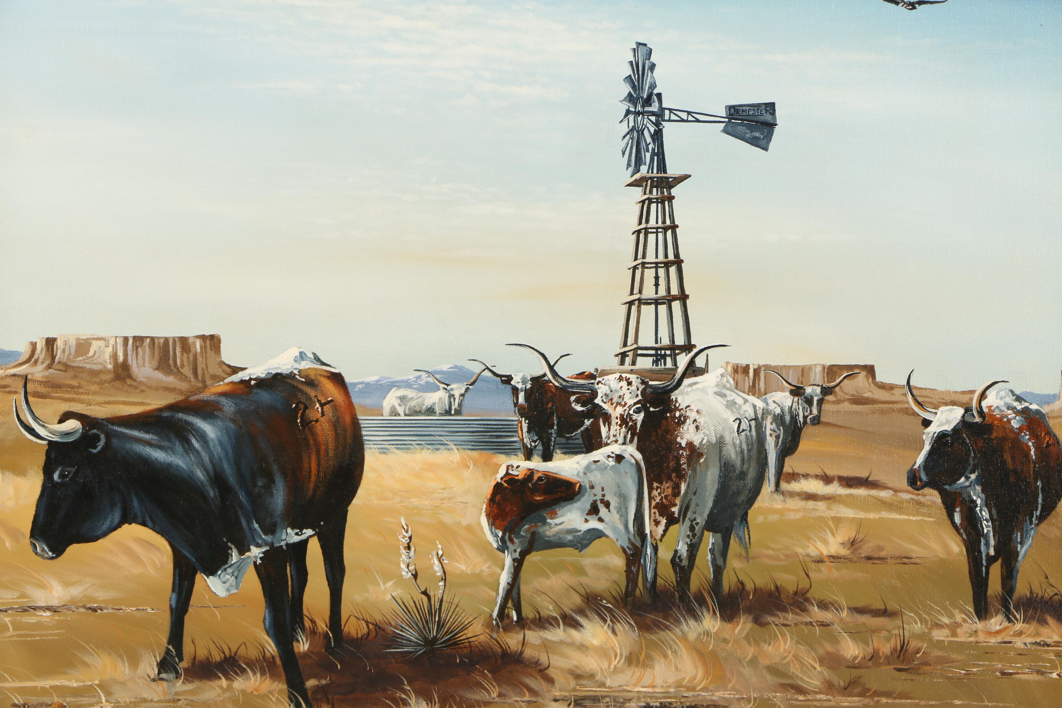 J. Musick Oil Painting of Texas Longhorn Cattle
