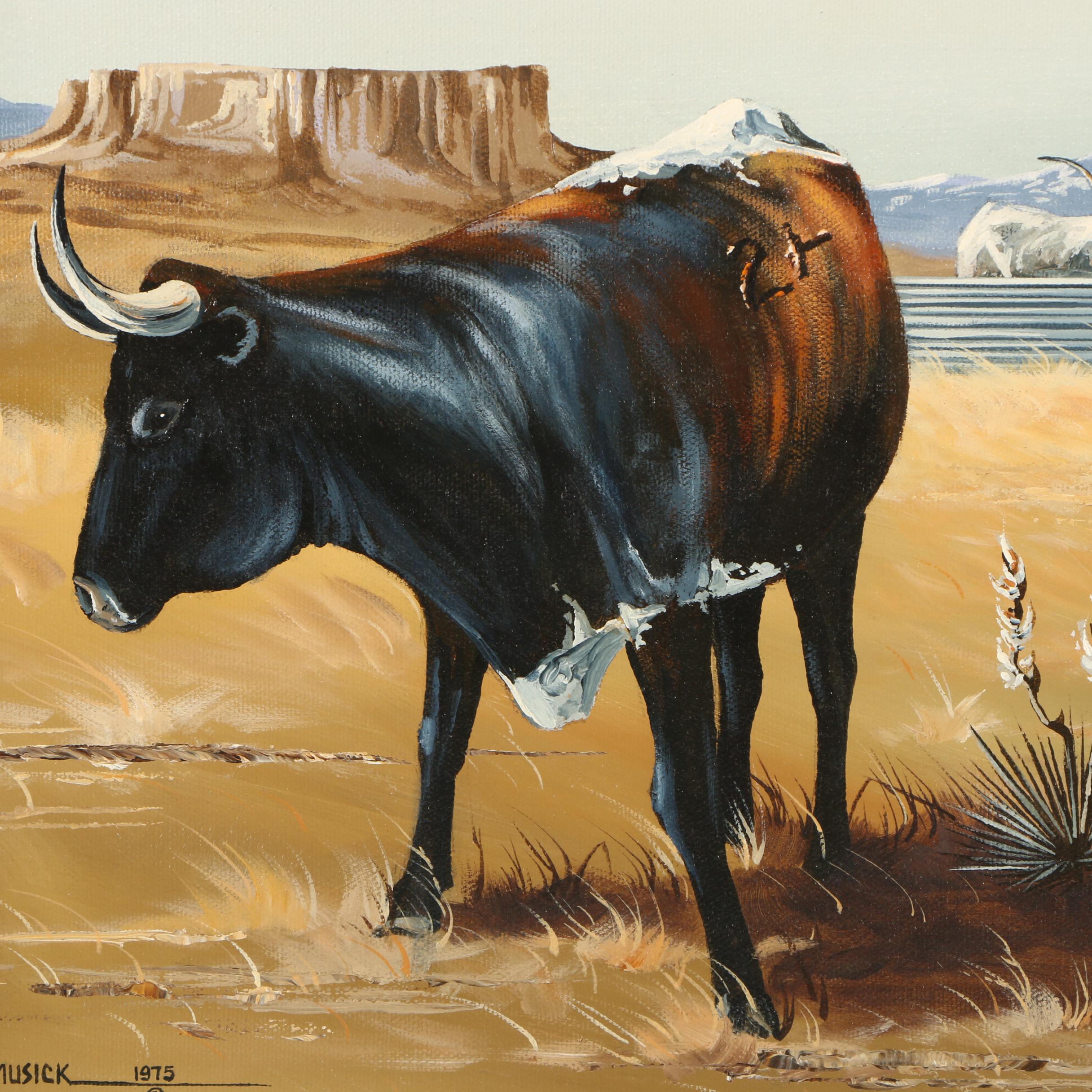 J. Musick Oil Painting of Texas Longhorn Cattle