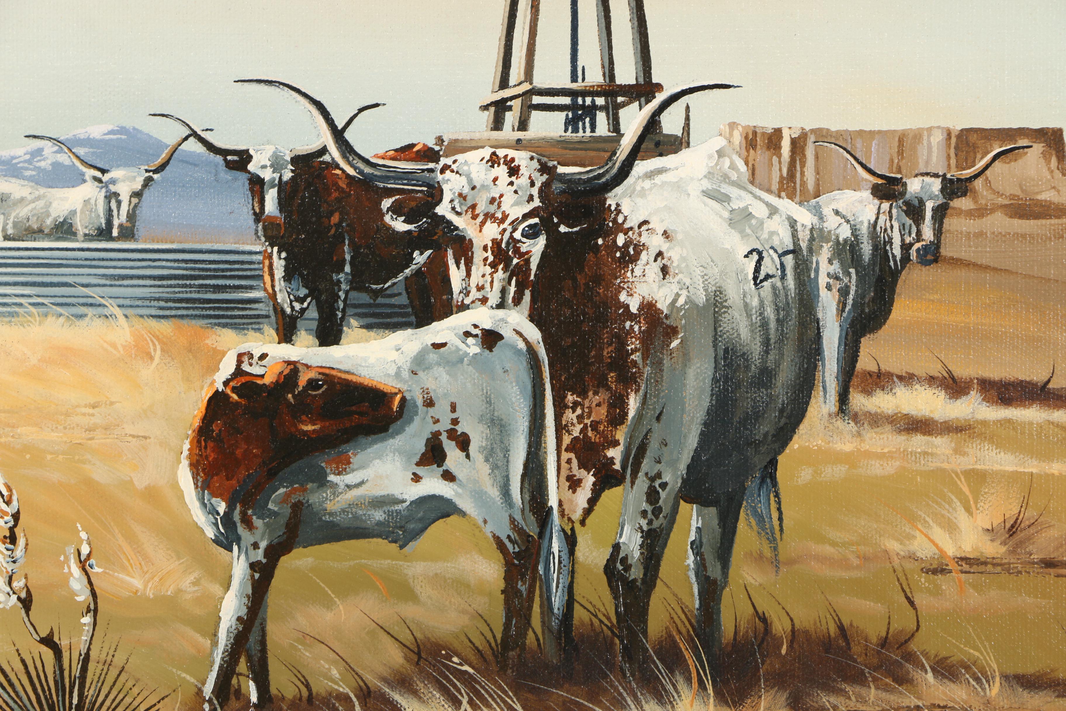 J. Musick Oil Painting of Texas Longhorn Cattle