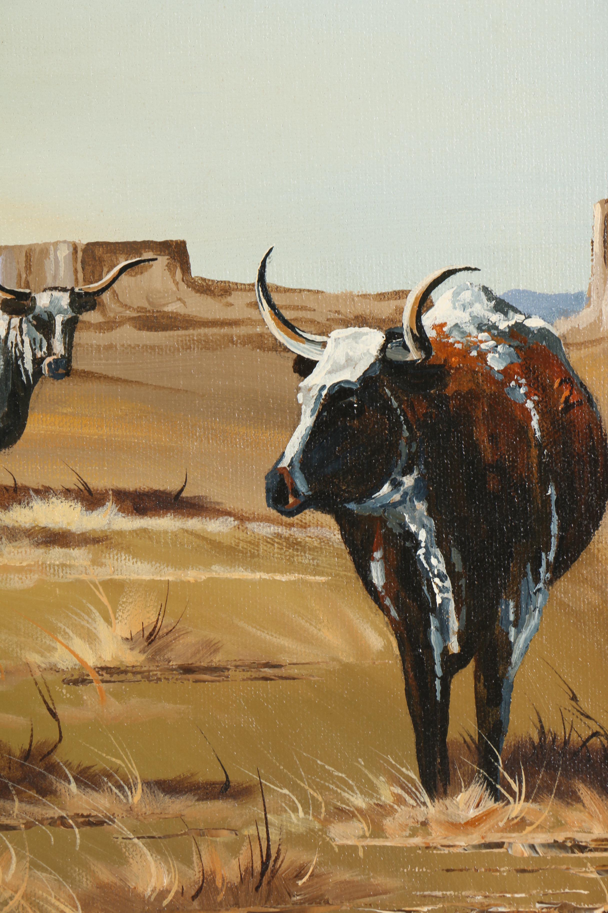 J. Musick Oil Painting of Texas Longhorn Cattle