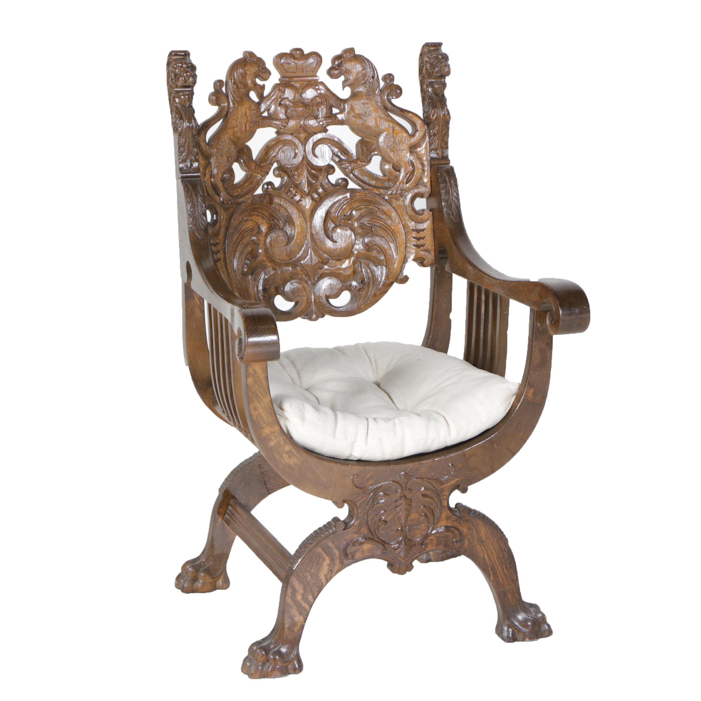 Antique Quarter Sawn Oak Curule Chair after R.J. Horner
