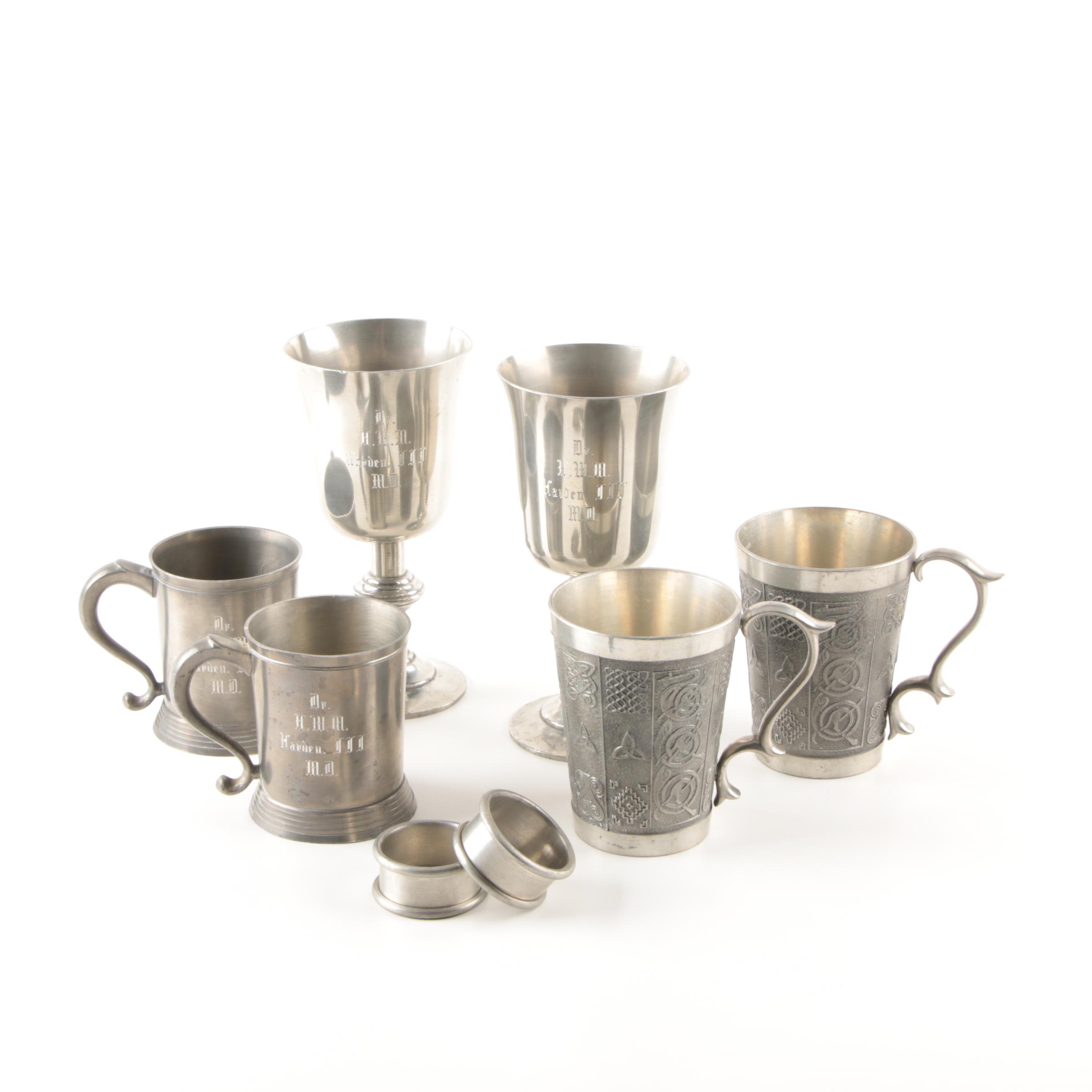International Pewter Goblets, and Assorted Mugs, and Napkin Rings