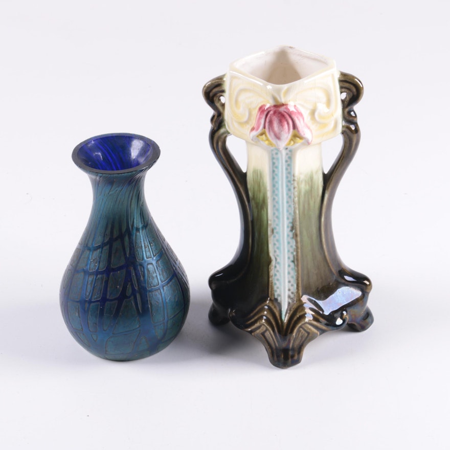 Trailed Iridescent Art Glass Vase and Majolica Vase