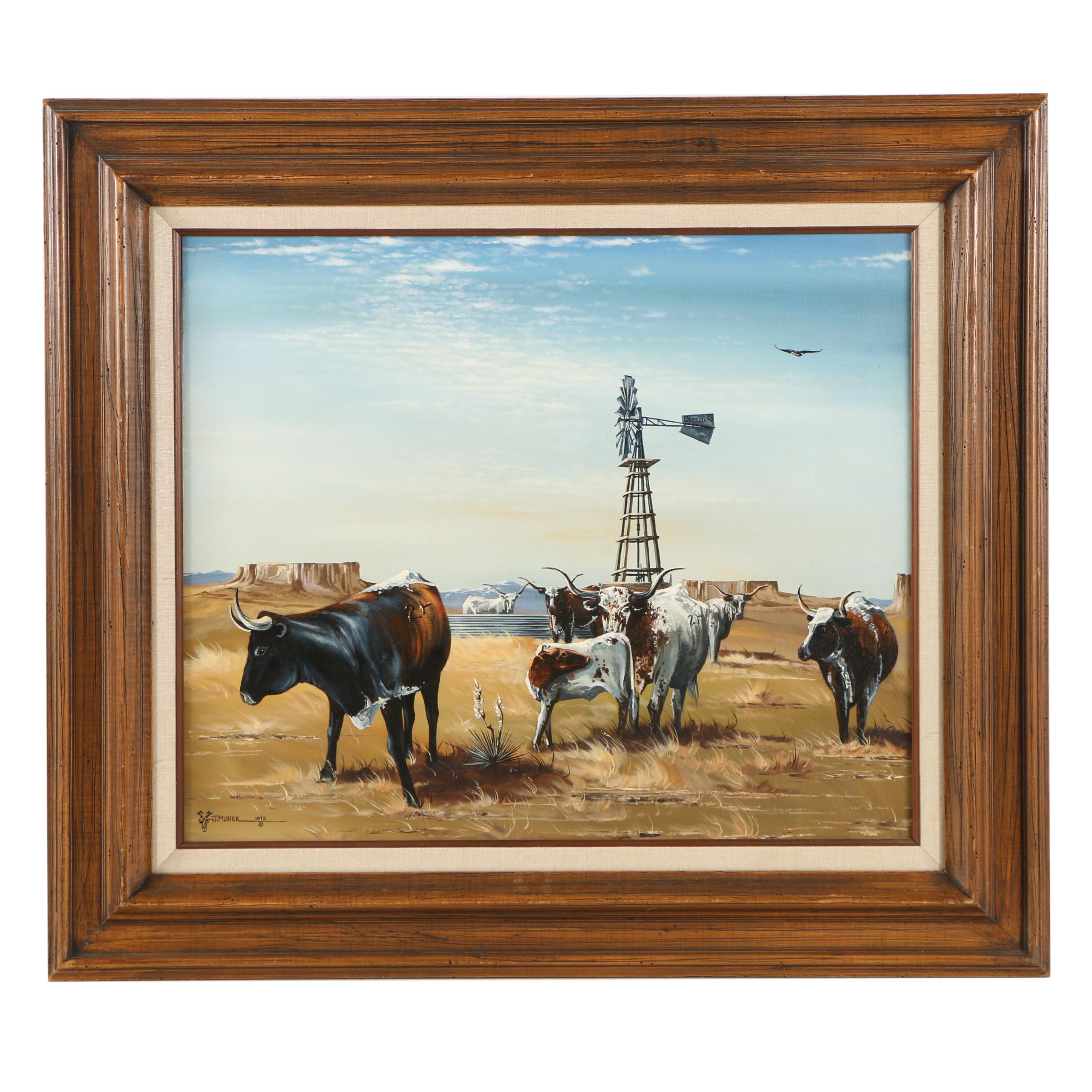 J. Musick Oil Painting of Texas Longhorn Cattle