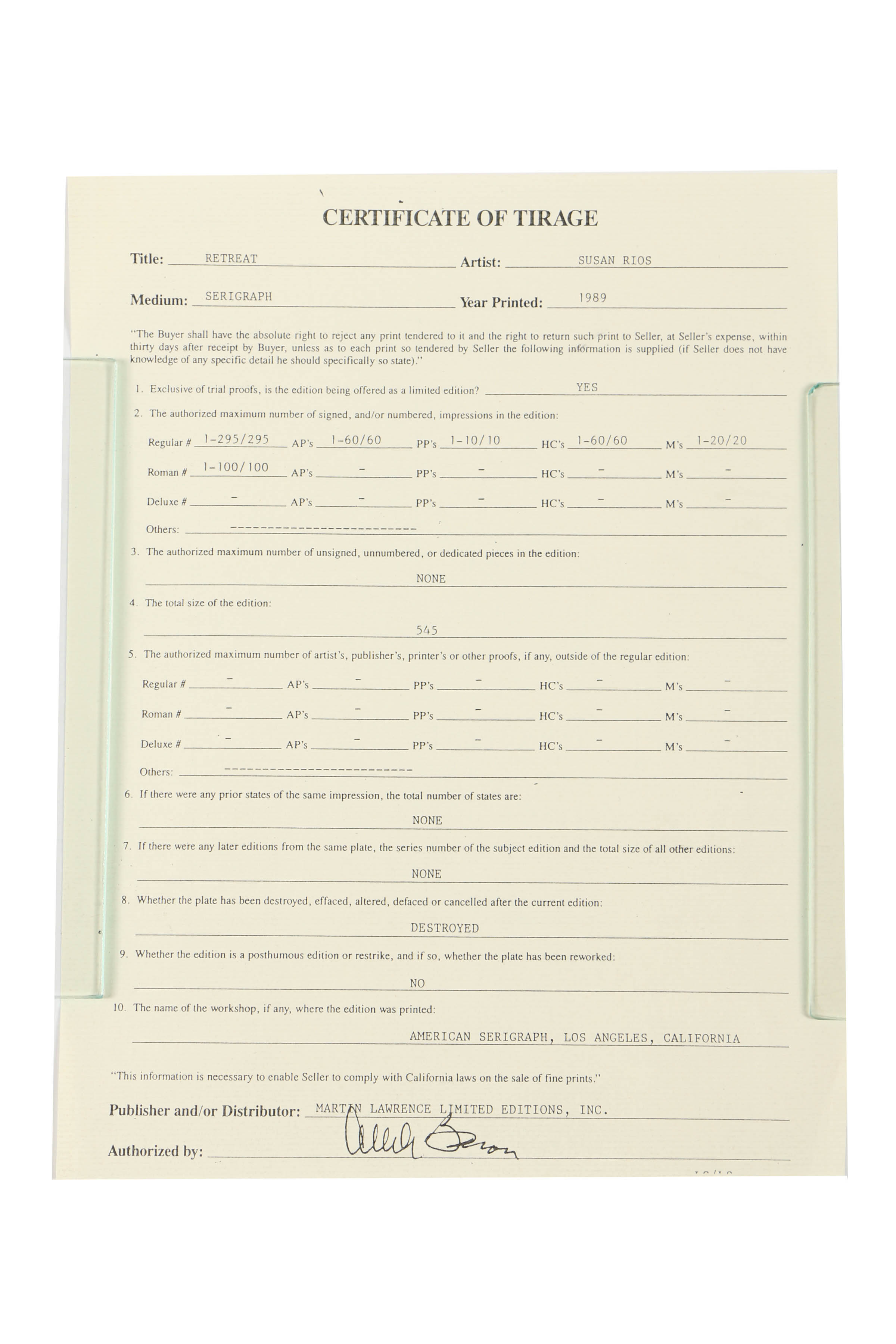 Susan Rios Limited Edition Serigraph "Retreat"