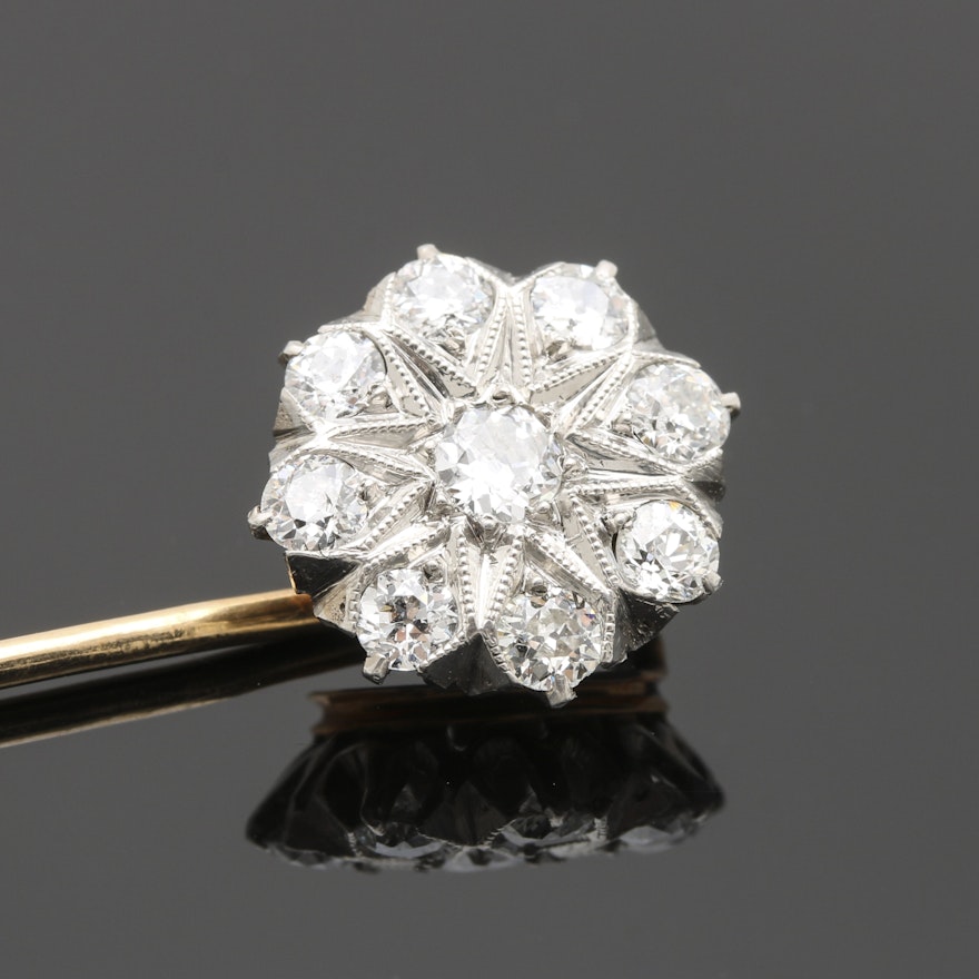 Edwardian 14K Yellow Gold and Platinum Old European Cut Diamond Floral Stick Pin