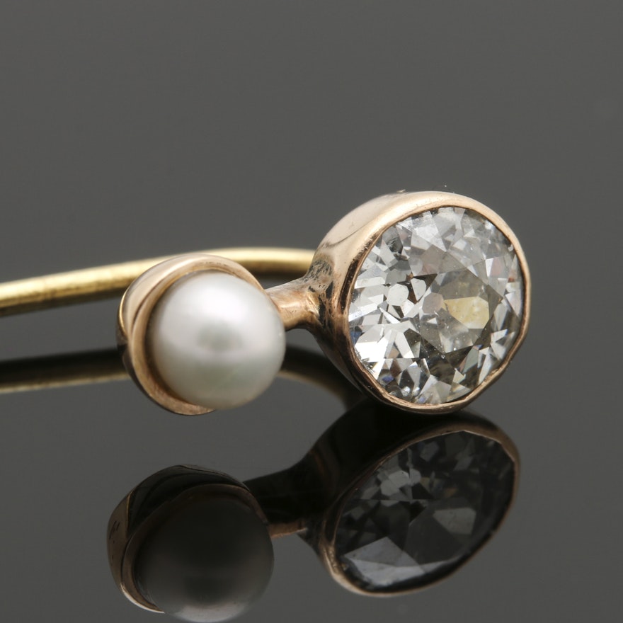 Antique 14K Yellow Gold Diamond and Cultured Pearl Stick Pin