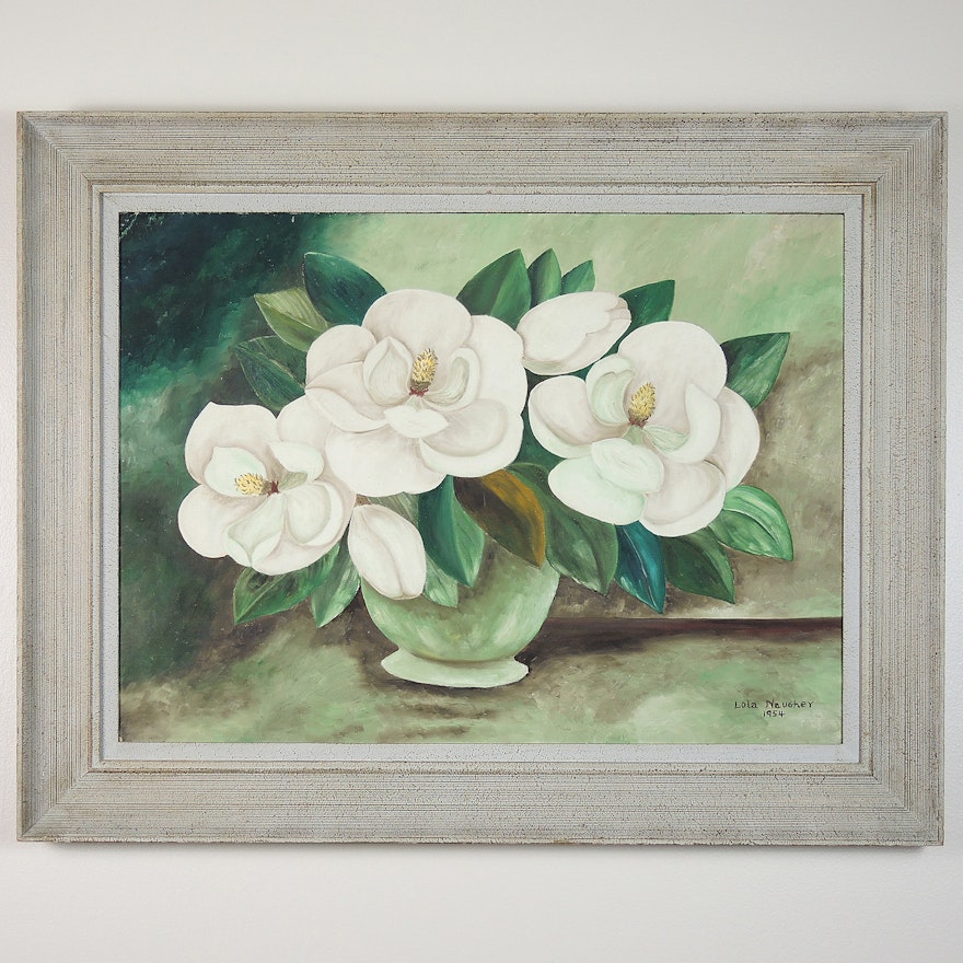 Lola Naughey 1954 Acrylic Painting on Canvas "Magnolias"