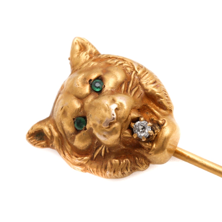 Victorian 14K Yellow Gold Tiger Head Stick Pin with Emeralds and Diamond