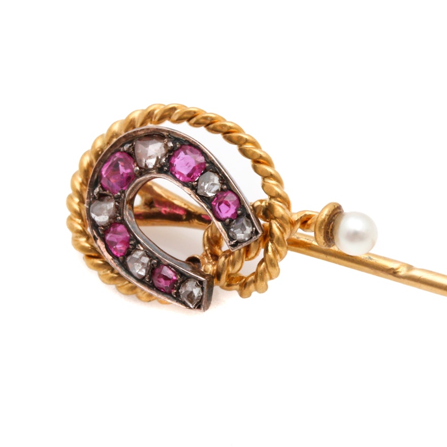 Early 20th Century 14K and 18K Yellow Gold Ruby, Diamond, and Pearl Stick Pin