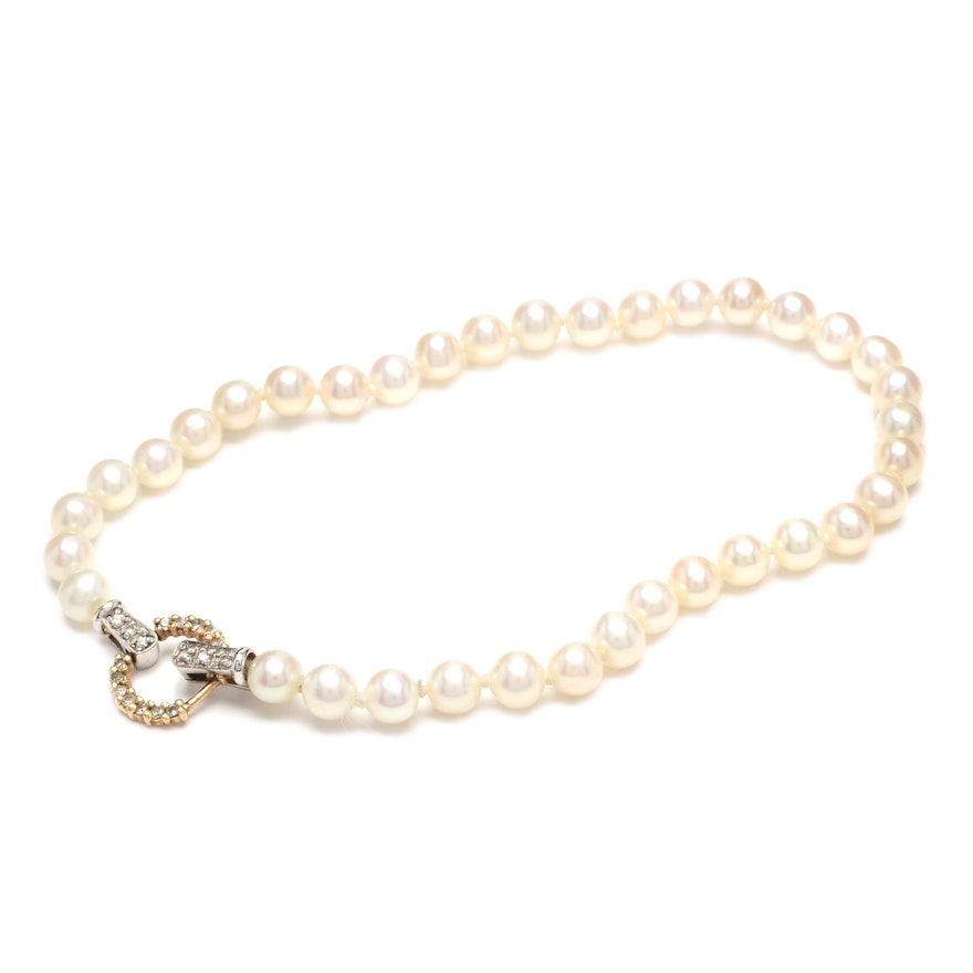 Pearl Bracelet with 14K Two-Tone Gold and Diamond Clasp