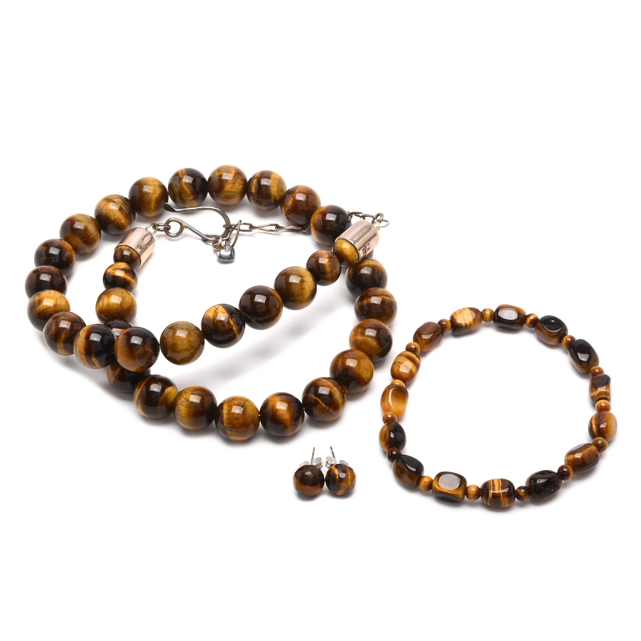 Jay King Sterling Silver Tiger's Eye Necklace with Bracelet and Earrings