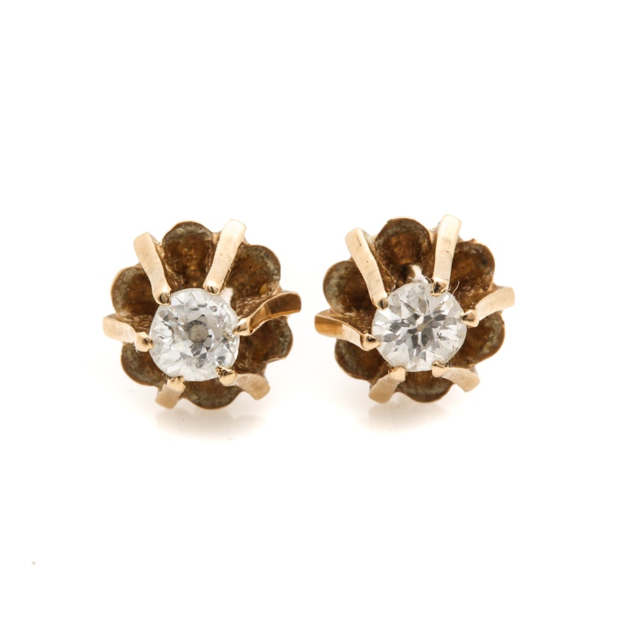 Vintage 14K Yellow Gold Diamond Buttercup Stud Screw Back Earrings