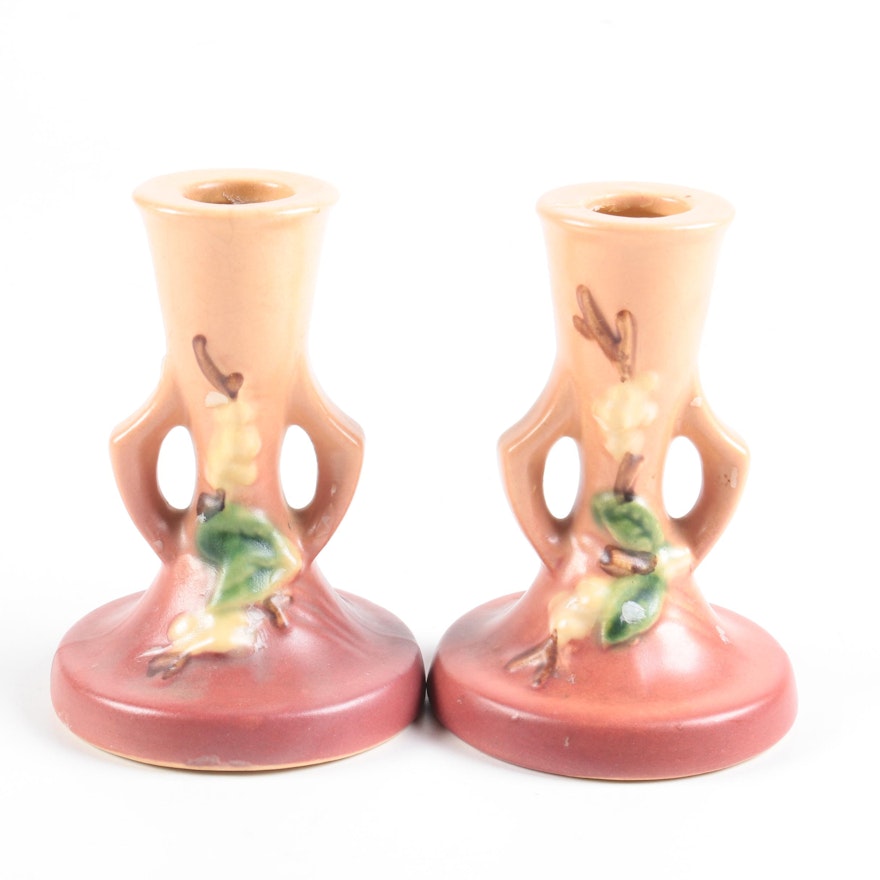 Roseville Ceramic "Peony" Pink Candle Holders