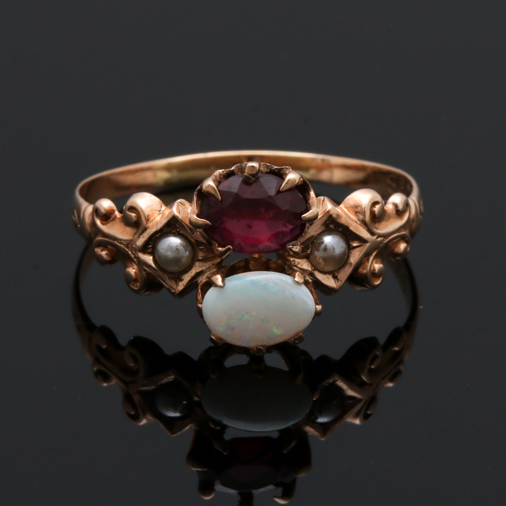 Victorian 10K Yellow Gold Opal, Rhodolite Garnet and Pearl Ring