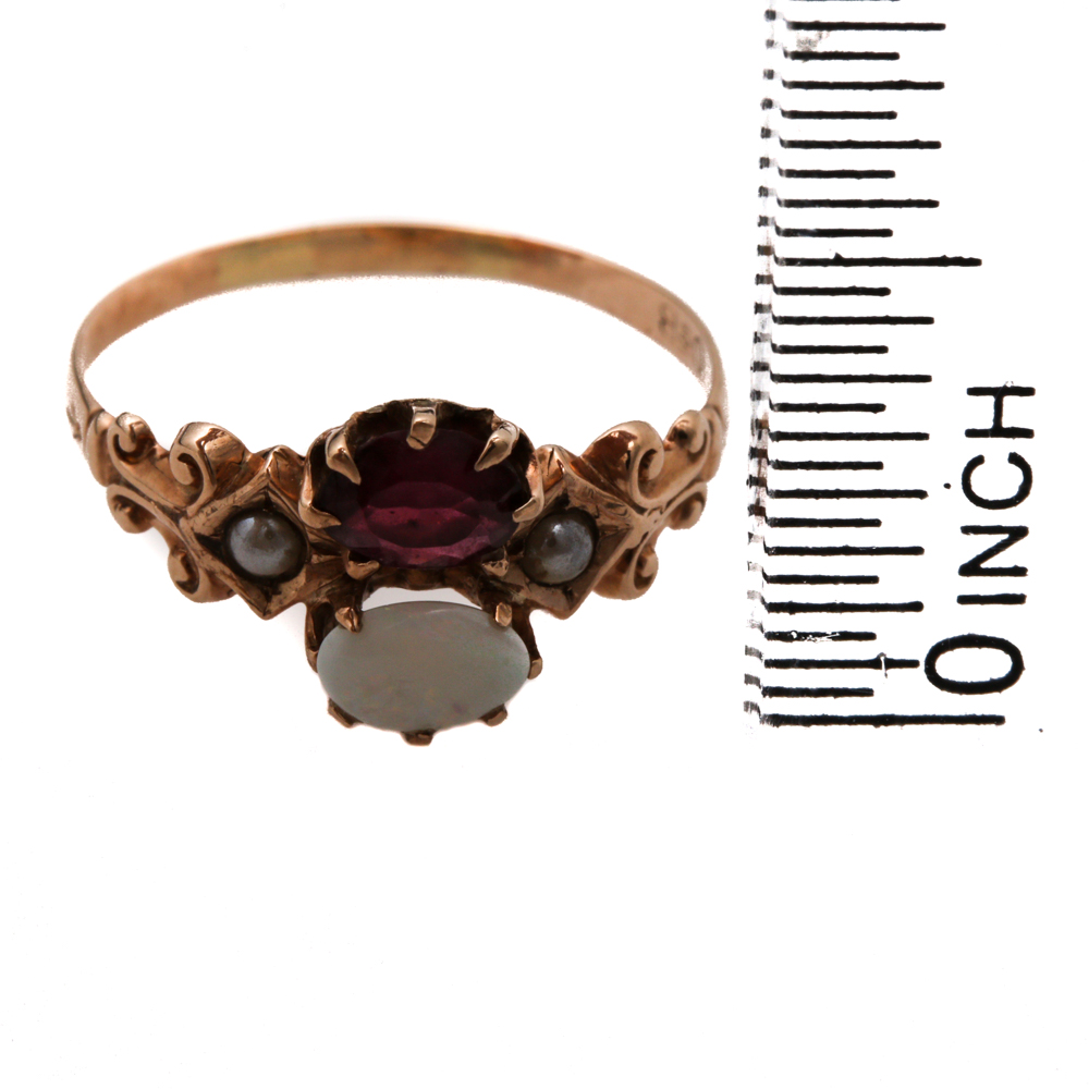 Victorian 10K Yellow Gold Opal, Rhodolite Garnet and Pearl Ring