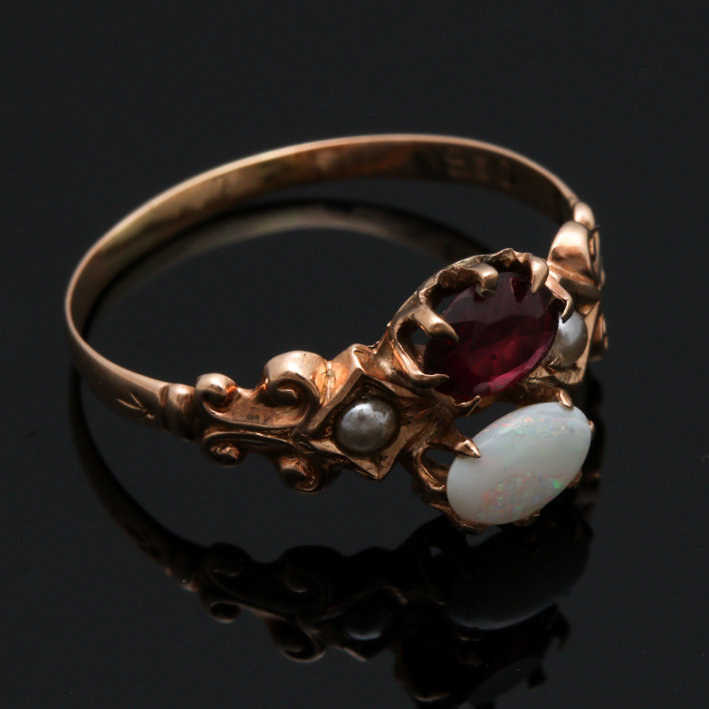 Victorian 10K Yellow Gold Opal, Rhodolite Garnet and Pearl Ring