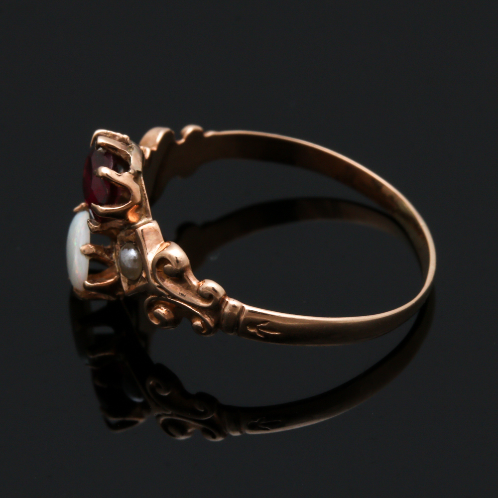 Victorian 10K Yellow Gold Opal, Rhodolite Garnet and Pearl Ring