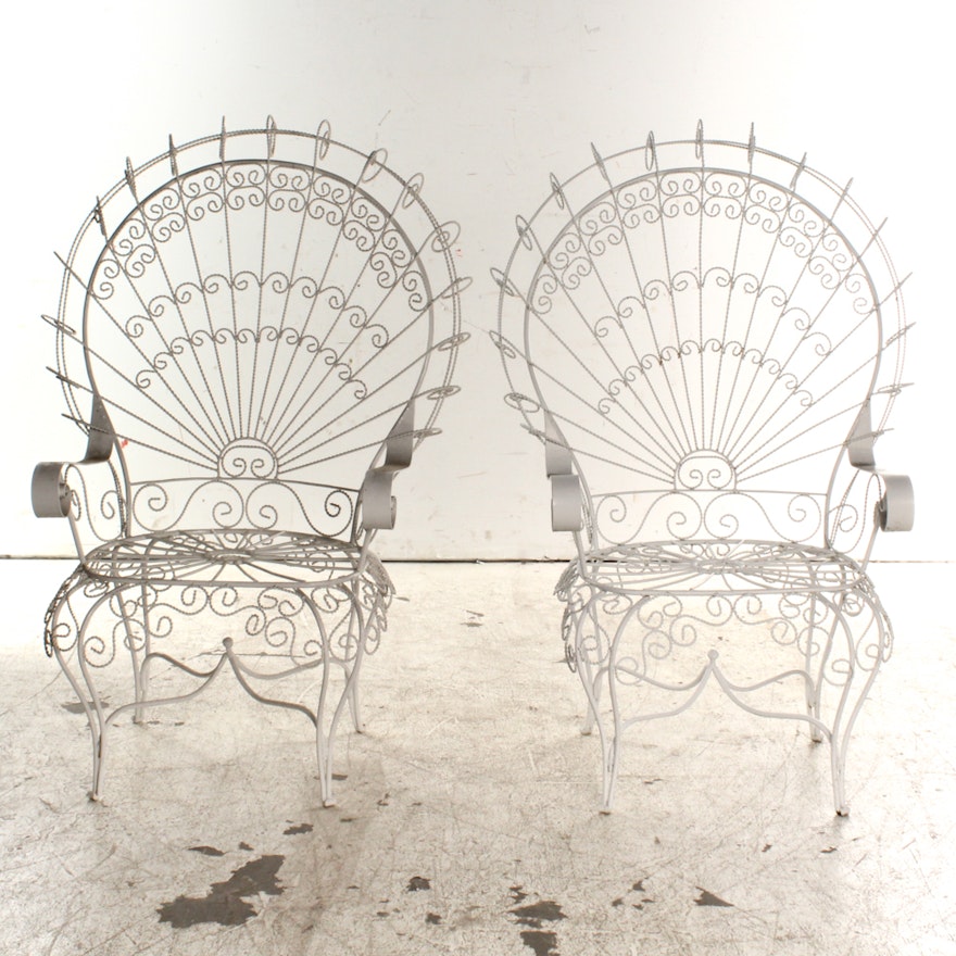 Pair of Vintage White Wrought Iron Peacock Patio Chairs