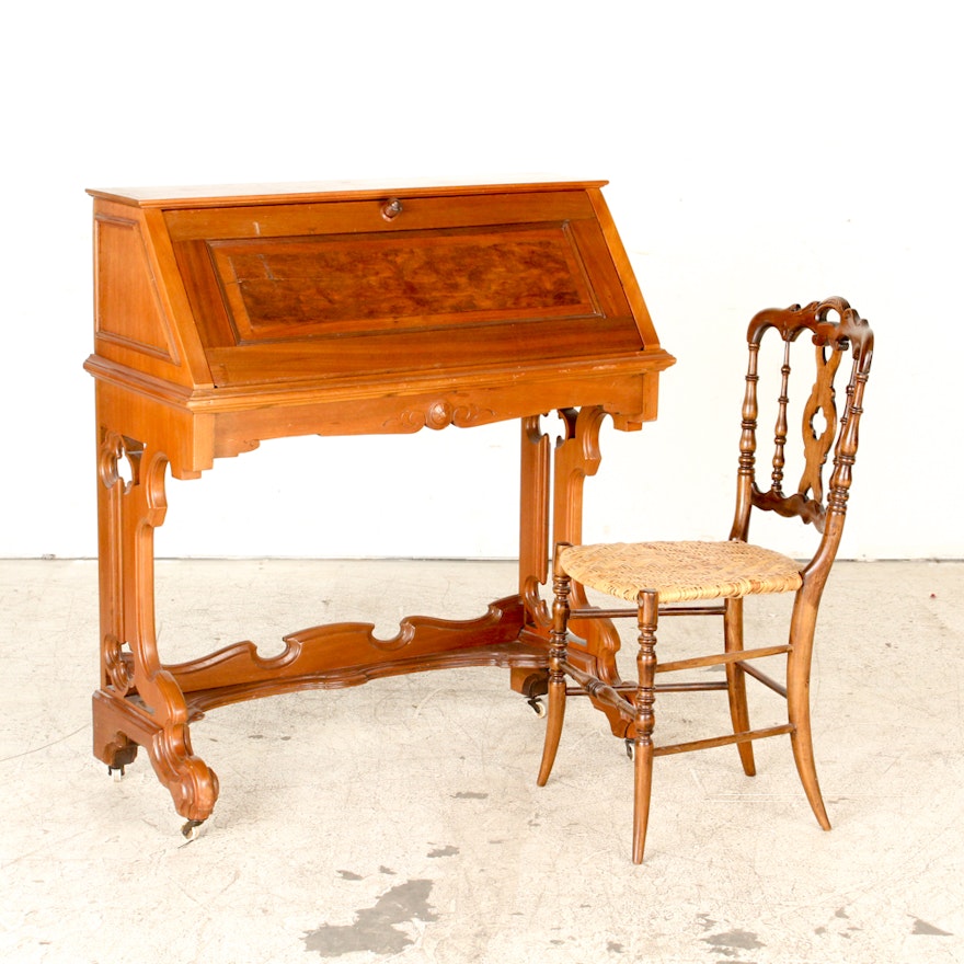 Antique Renaissance-Revival Walnut Slant-Front Desk and Victorian Gothic Chair