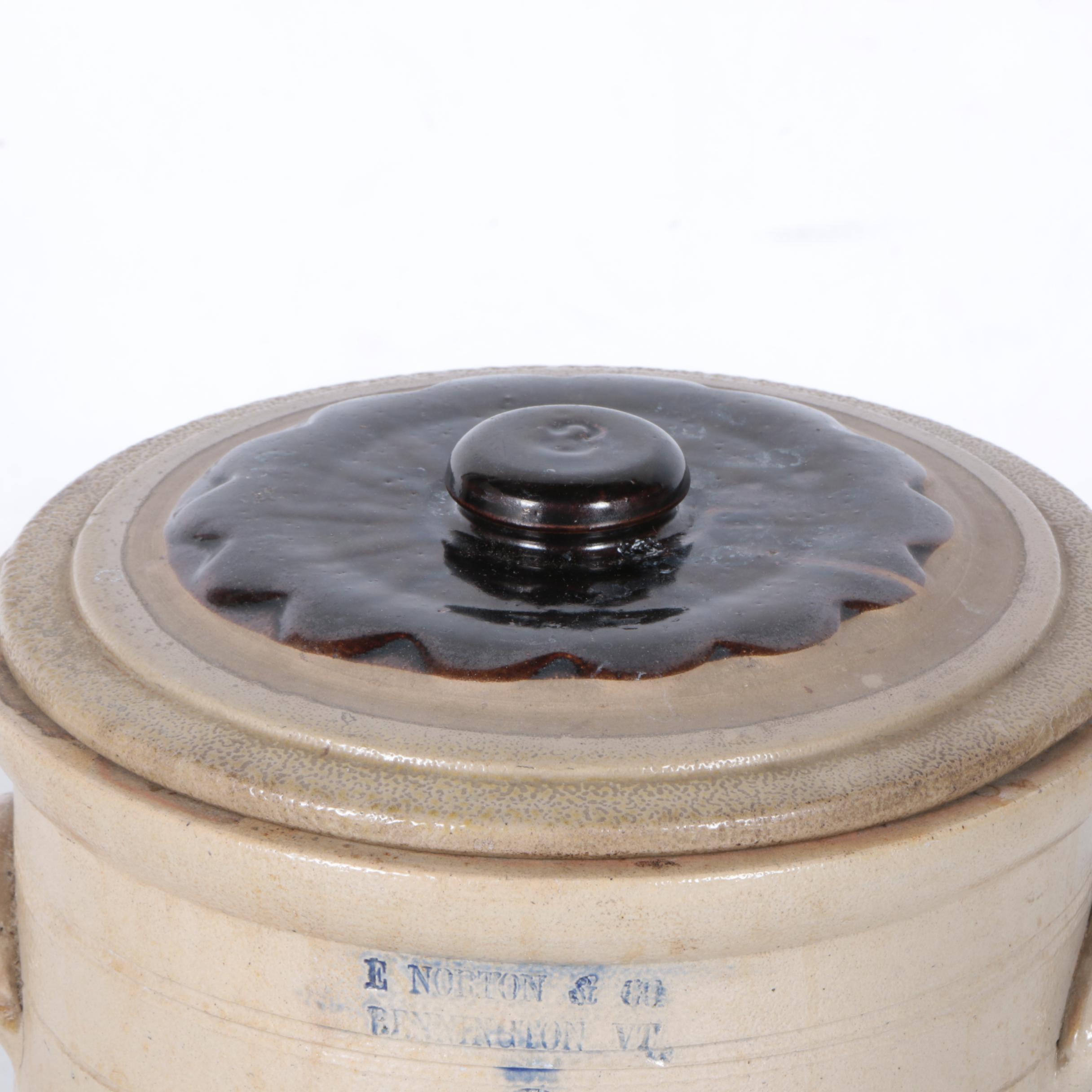 Antique E. Norton & Co. Bennington Vermont Lidded Stoneware Crock