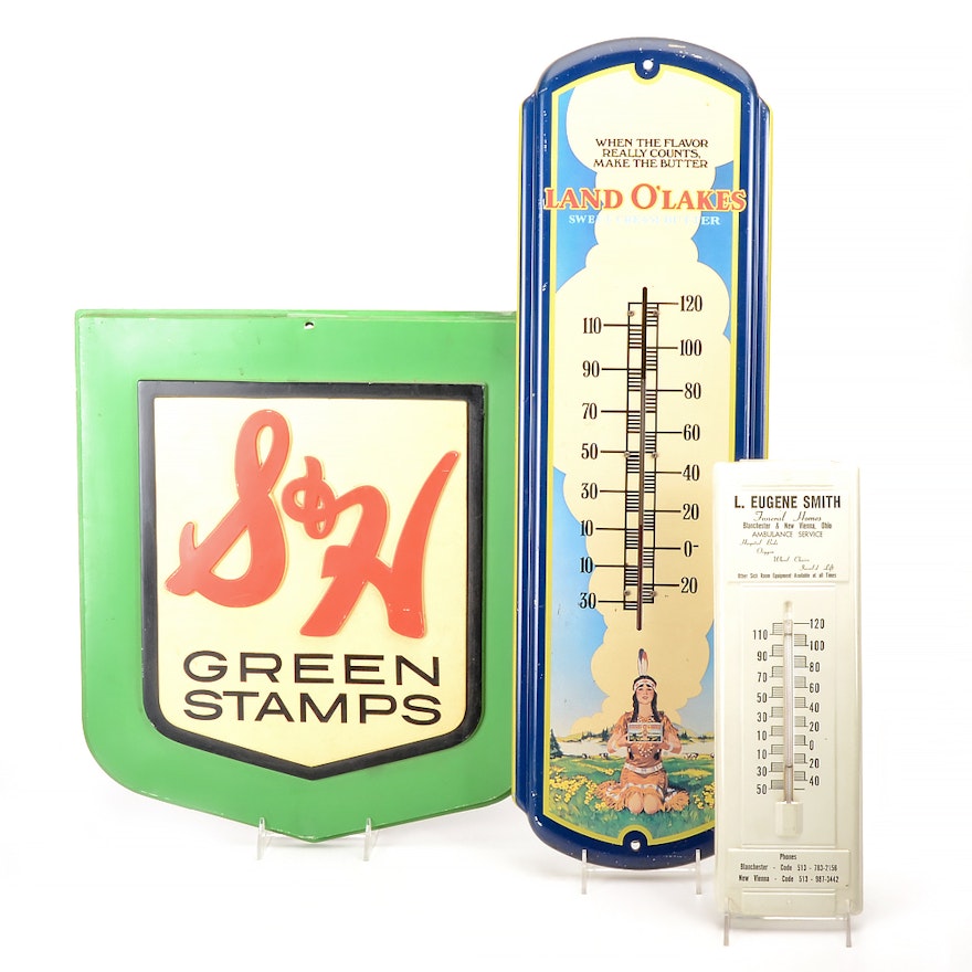 Assorted Advertising Thermometers and "S&H Green Stamps" Sign
