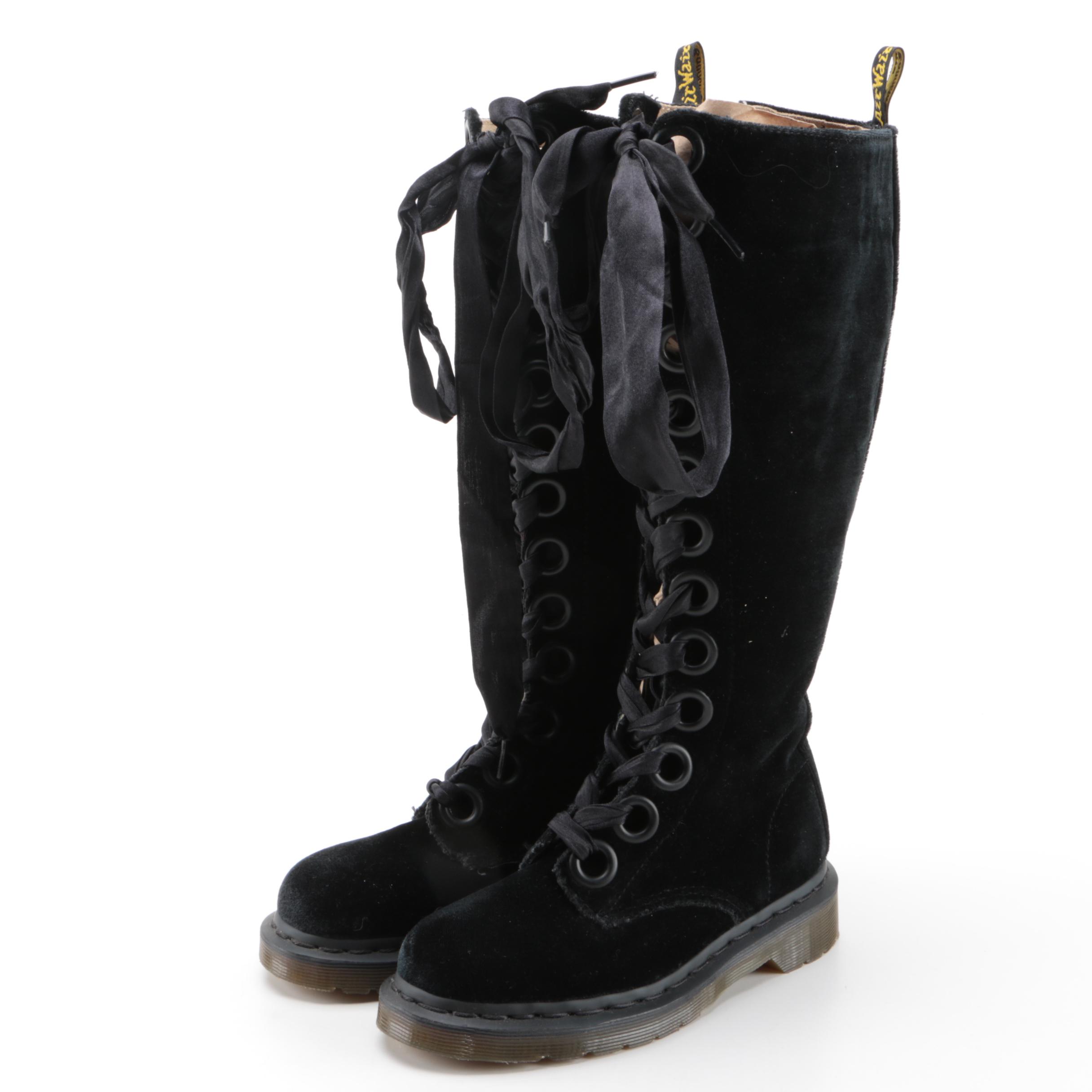 Dr. Martens Black Velveteen Knee-High Lace Up Boots