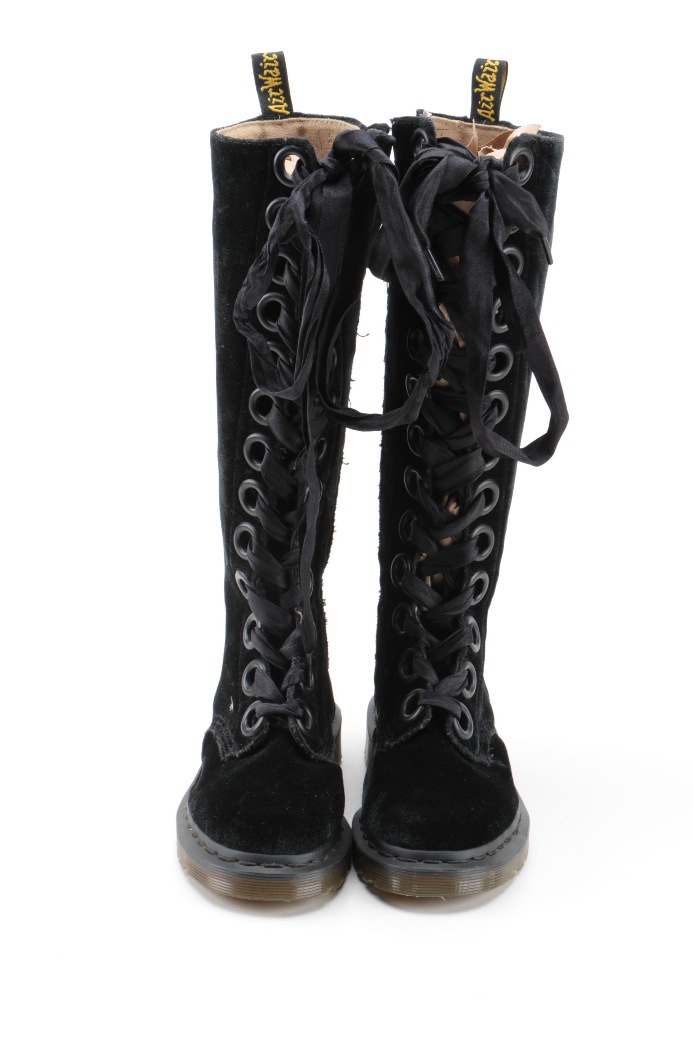 Dr. Martens Black Velveteen Knee-High Lace Up Boots