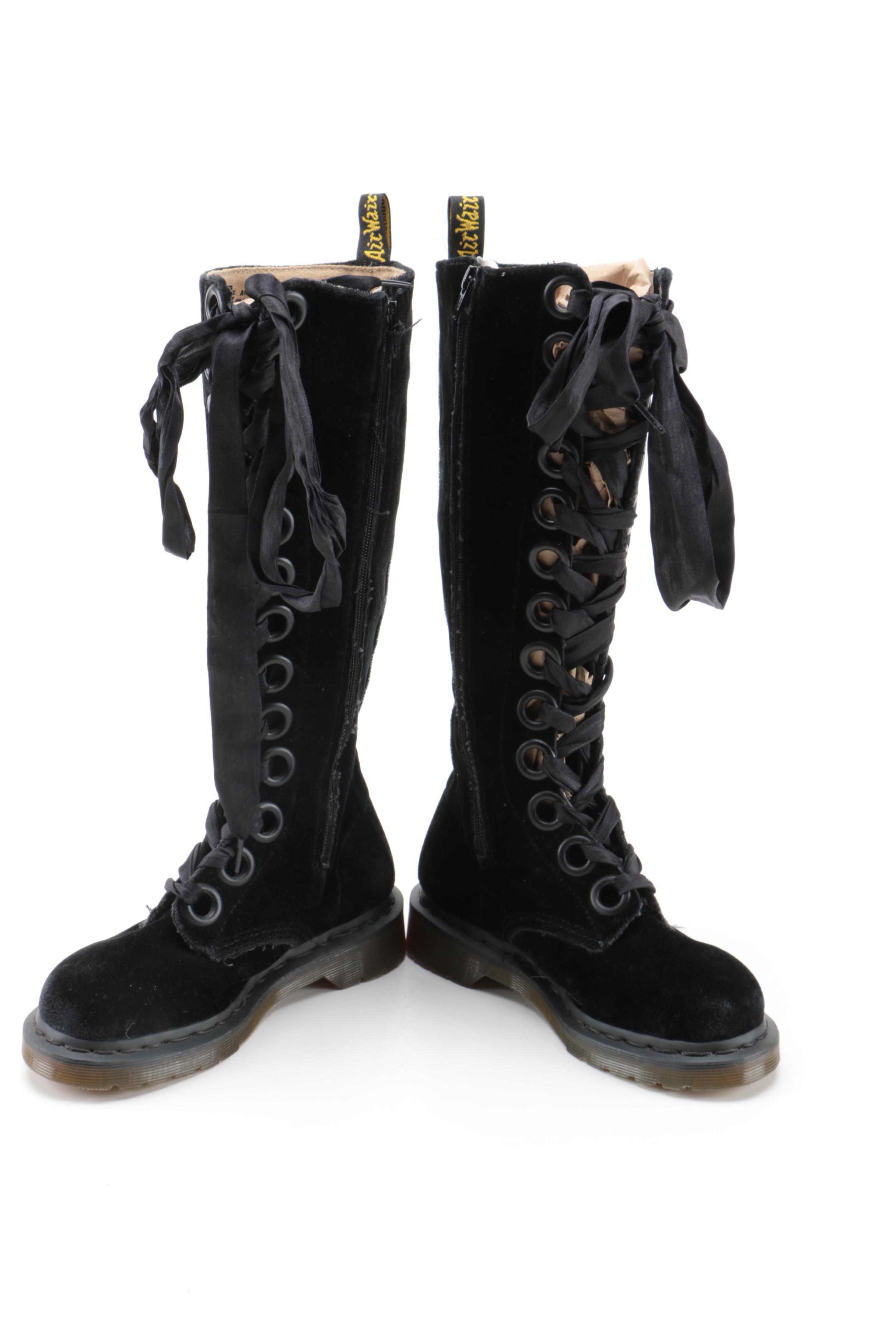 Dr. Martens Black Velveteen Knee-High Lace Up Boots
