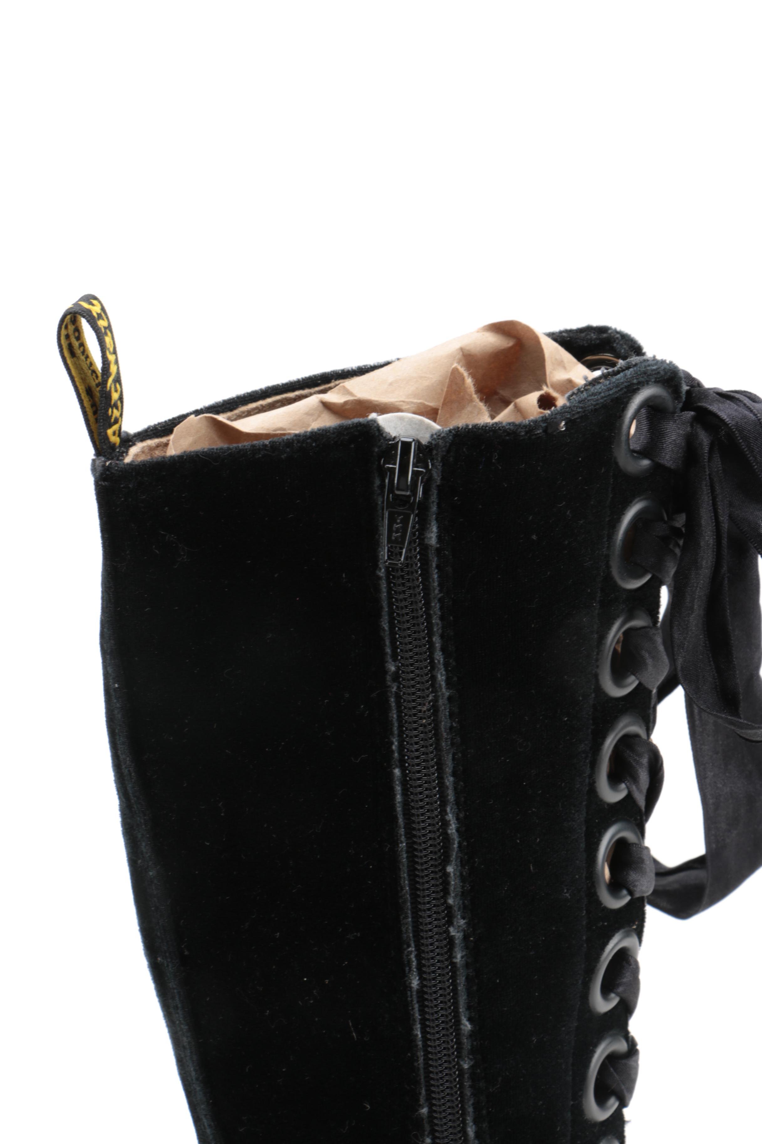 Dr. Martens Black Velveteen Knee-High Lace Up Boots