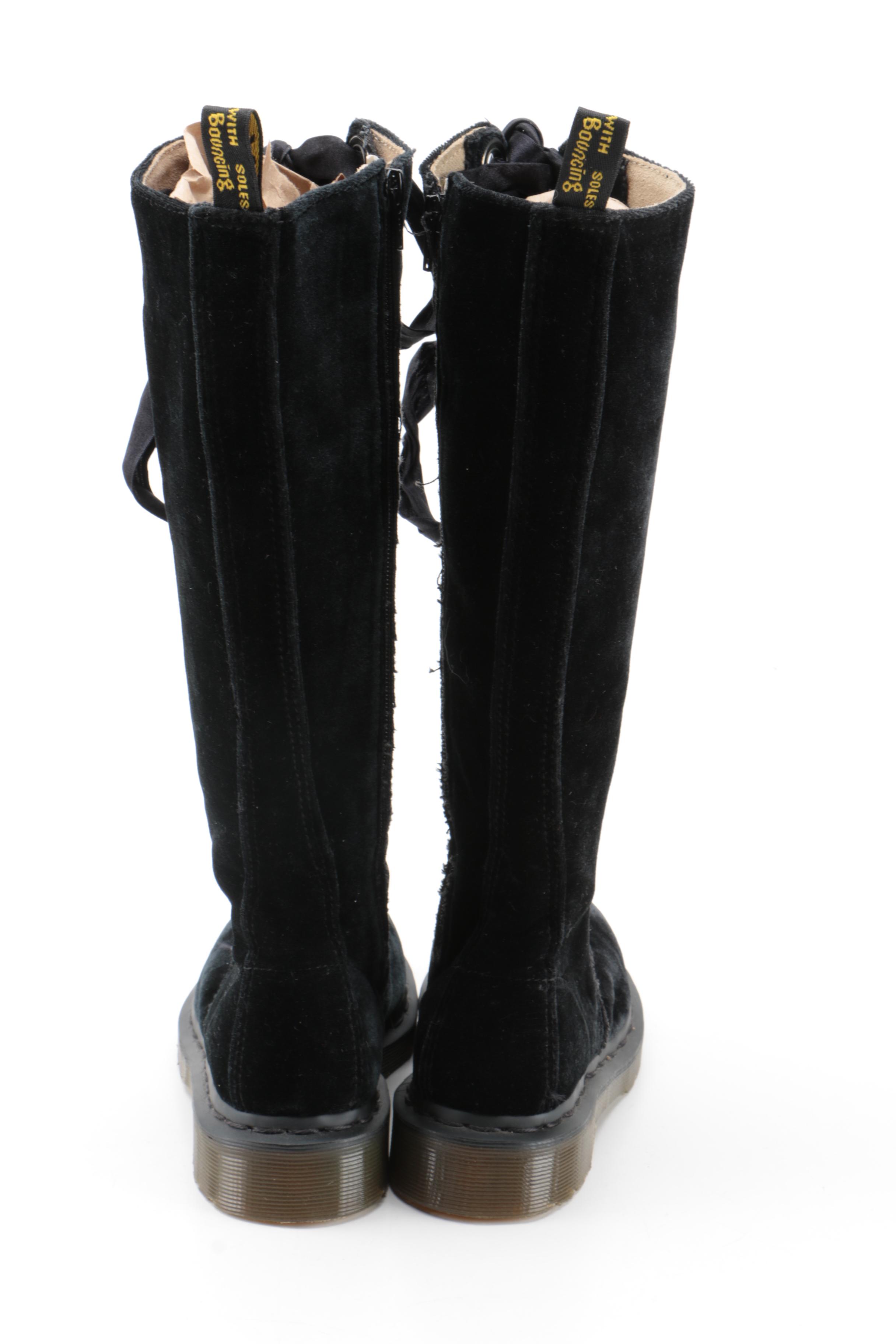 Dr. Martens Black Velveteen Knee-High Lace Up Boots