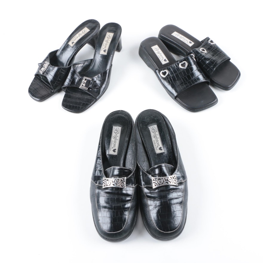 Women's Brighton Embossed Black Leather Shoes With Silver Tone Metal Accents