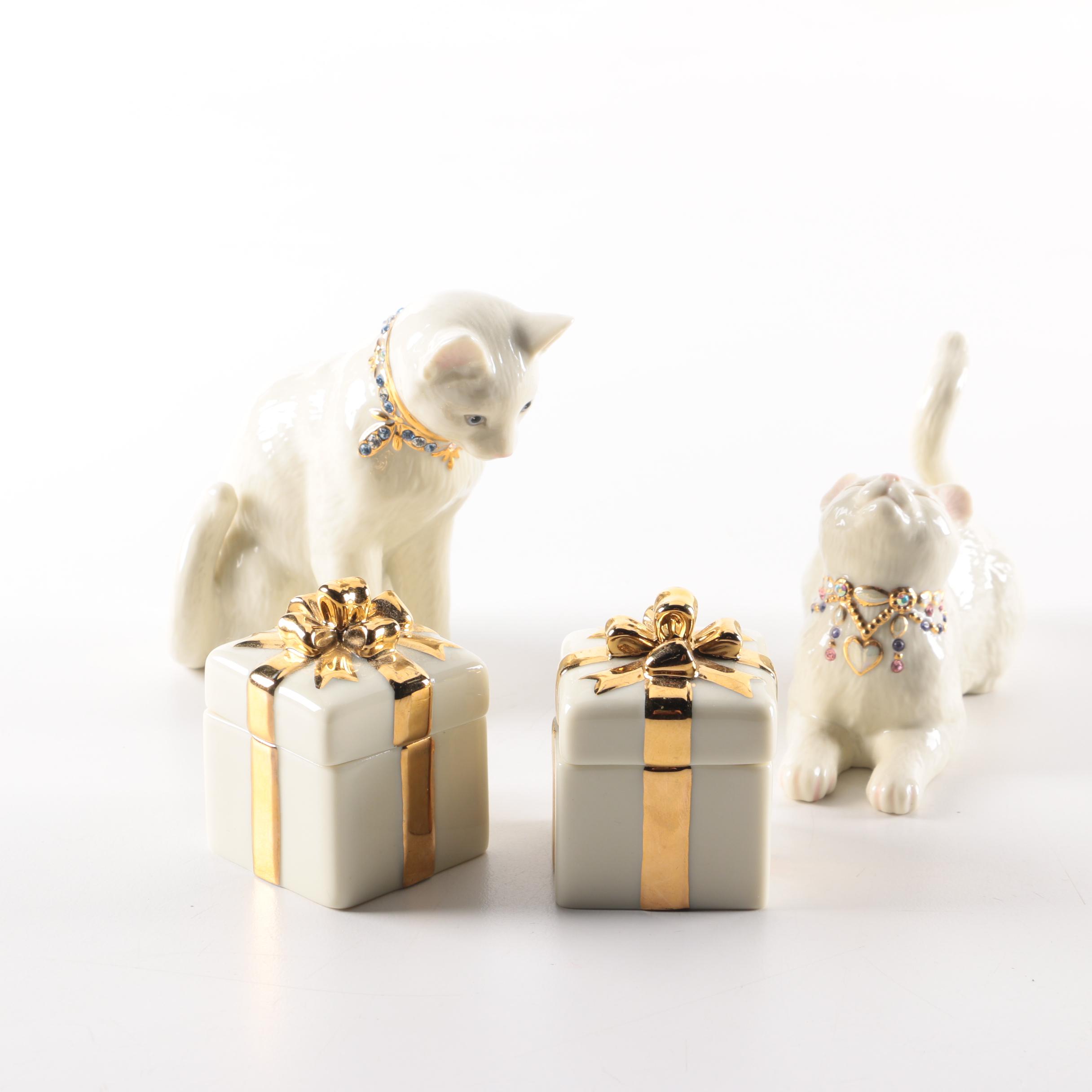 Lenox Porcelain "Awake to a Kiss" Cat Figurines with Trinket Boxes