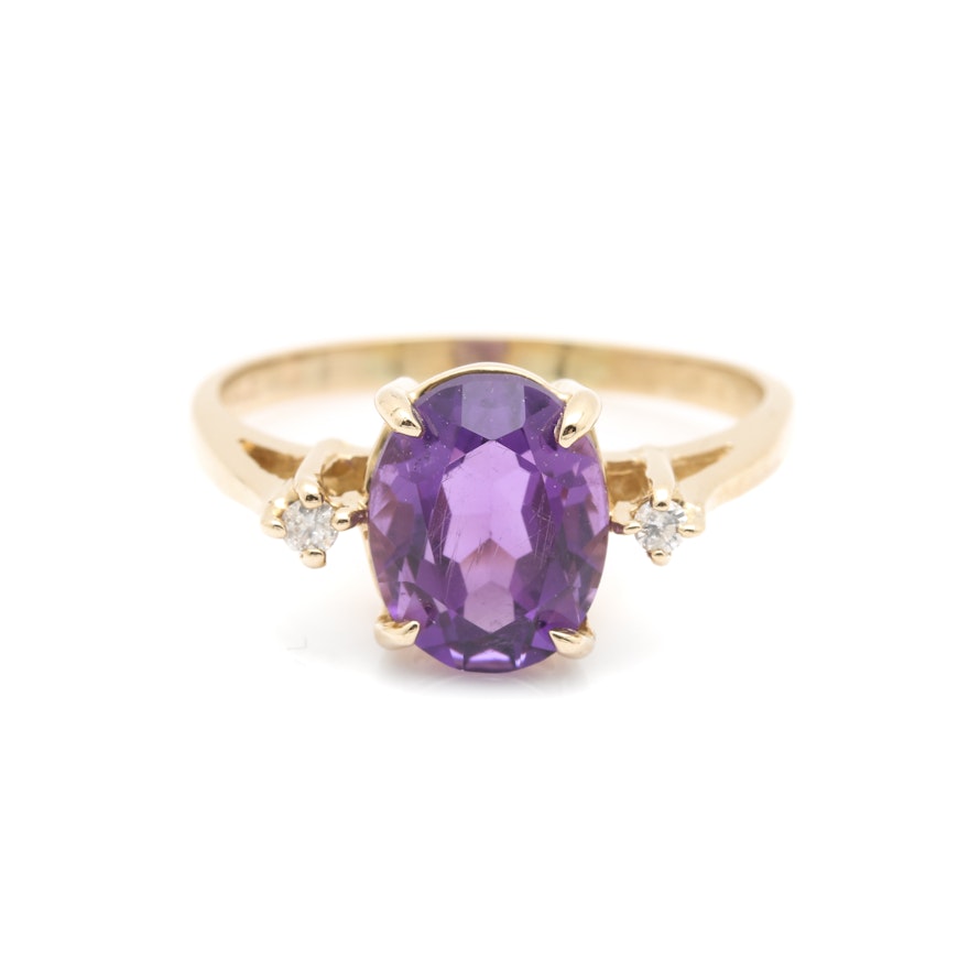 14K Yellow Gold Amethyst and Diamond Ring