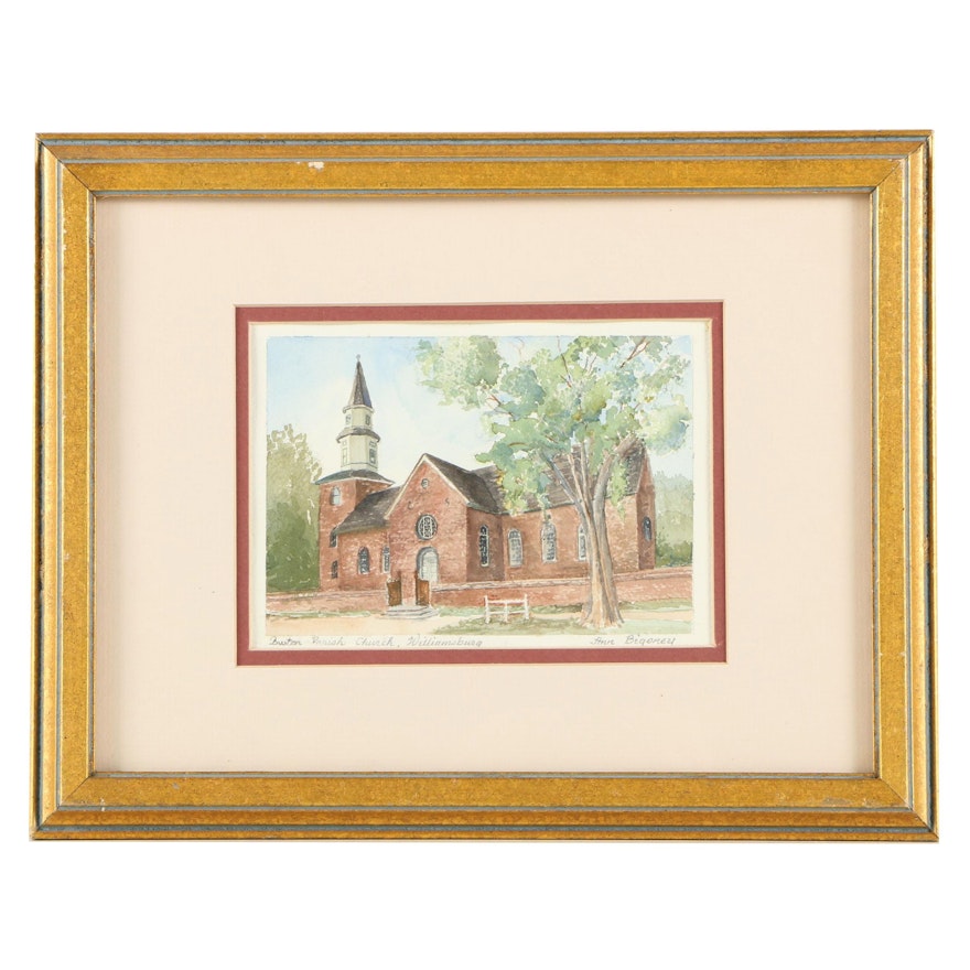 Ann Bigoney Watercolor Painting "Boston Parish Church, Williamsburg"