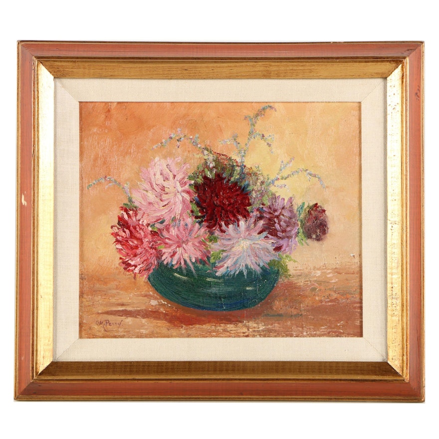 Ollie M. Perry Mid-Century Oil Painting of Still Life with Chrystanthemums